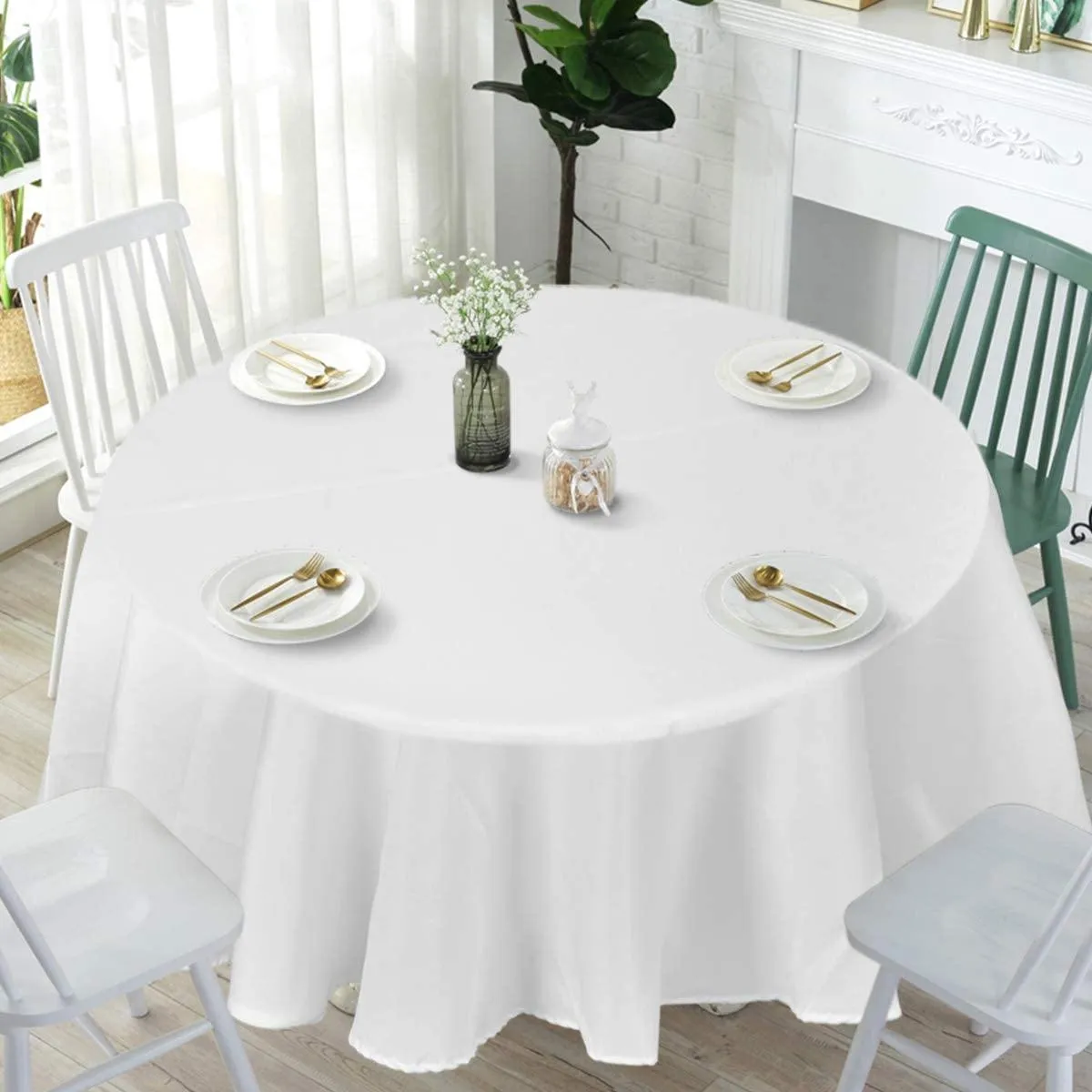 10 Pcs Round White Tablecloth 120-Inch, Premium Polyester Table Cover (White, 120")