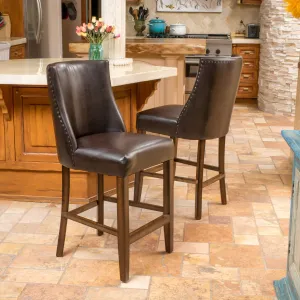 27-Inch Brown Leather Nailhead Accent Counter Stools (Set of 2) - NH615592 bar stool, counter stool