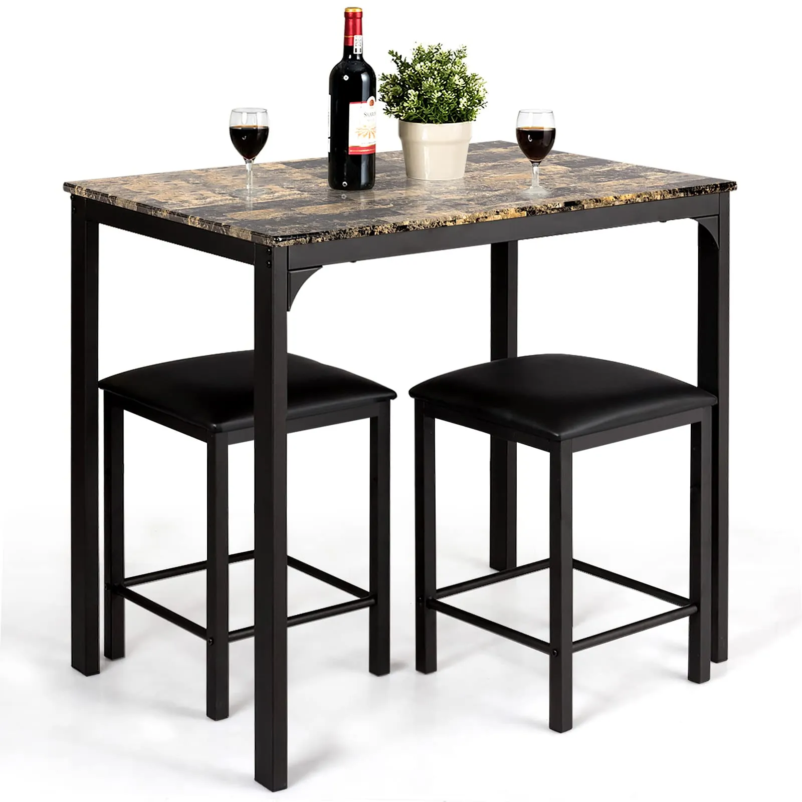3 Pcs Dining Table and Chairs Set with Faux Marble Tabletop 2 Chairs tablecloth, dining table