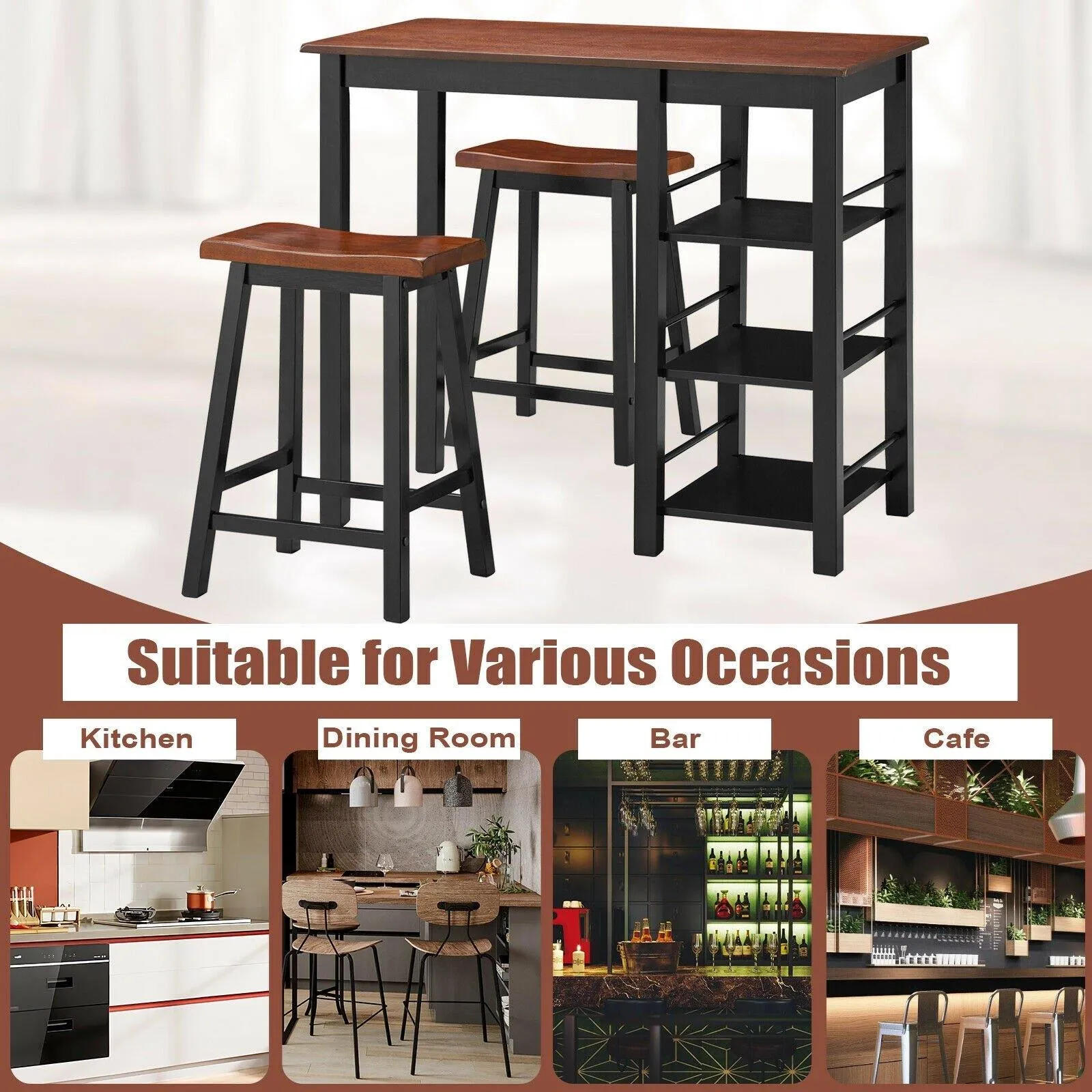 3 Piece Dining Set, Entirely Wood Counter Height Table Set with 2 Chair and 3-Tier Storage Shelves