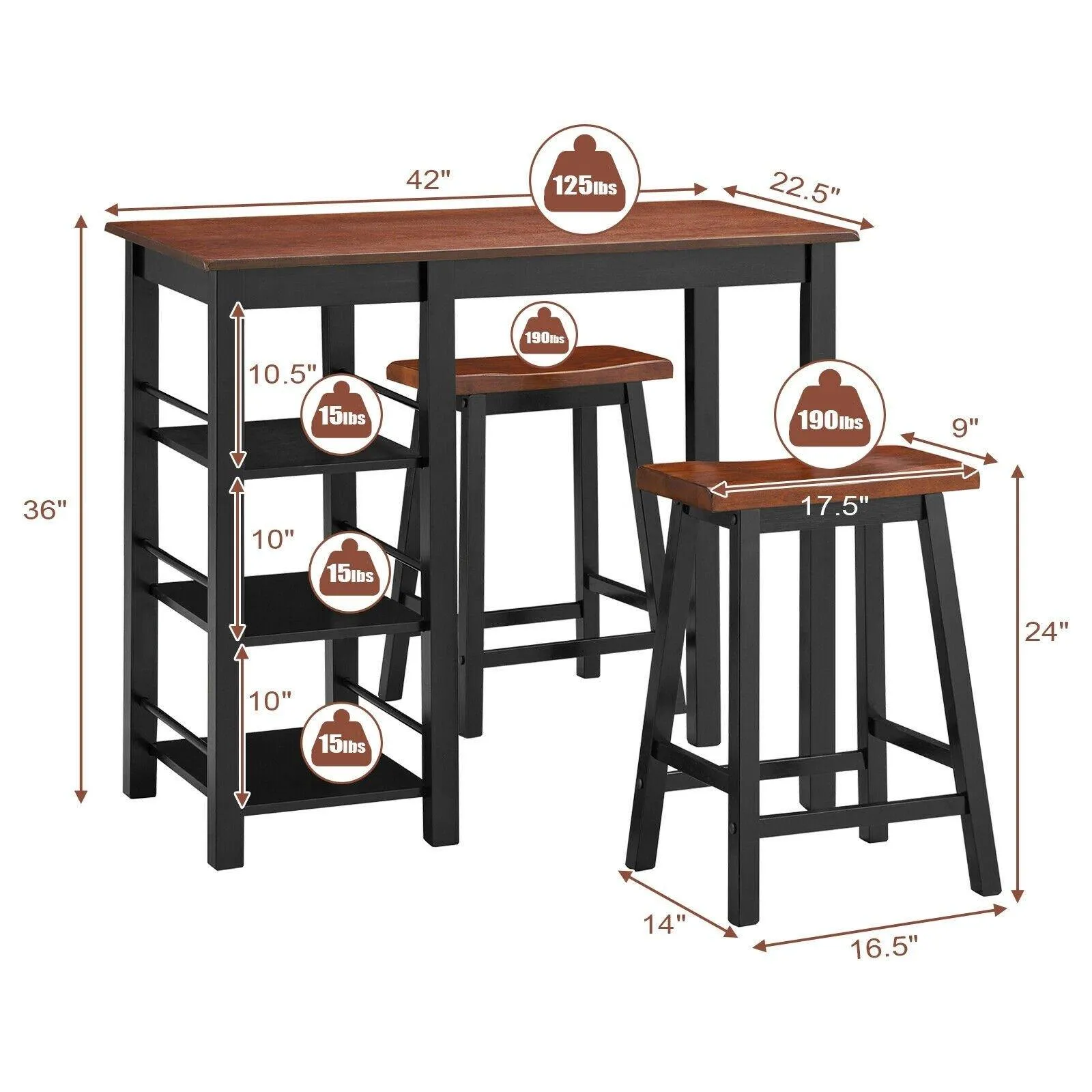 3 Piece Dining Set, Entirely Wood Counter Height Table Set with 2 Chair and 3-Tier Storage Shelves