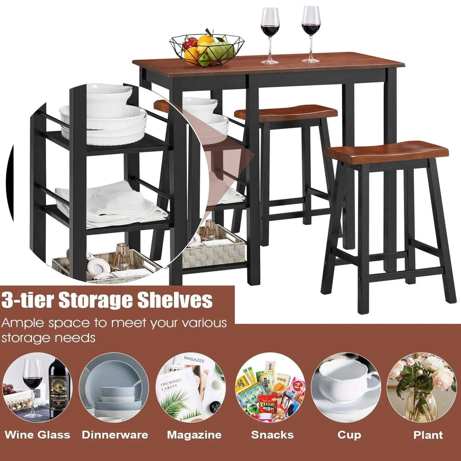 3 Piece Dining Set, Entirely Wood Counter Height Table Set with 2 Chair and 3-Tier Storage Shelves