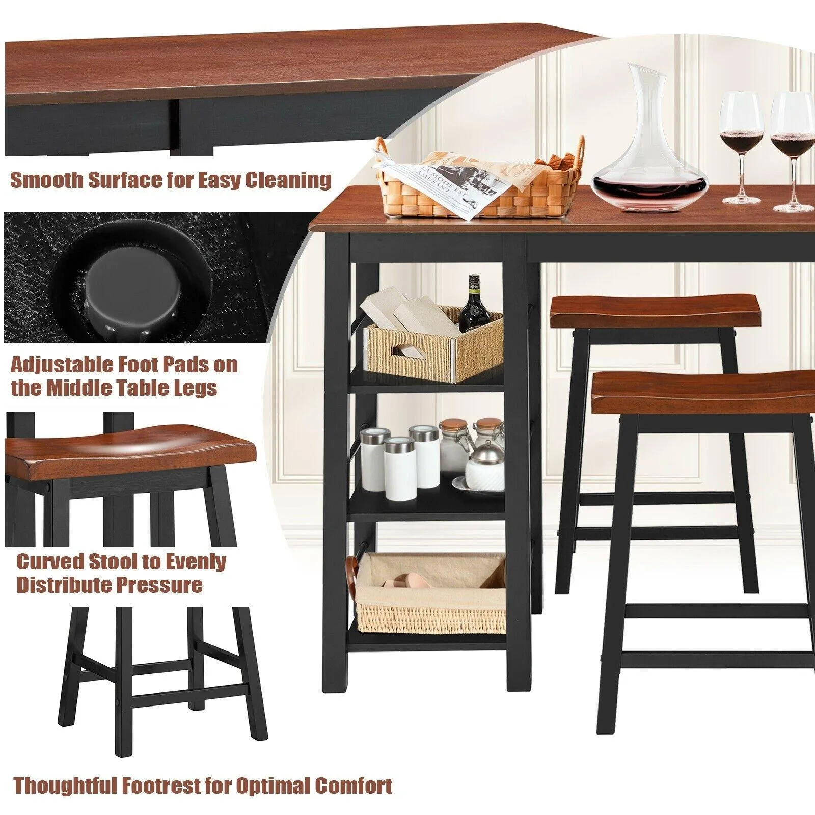3 Piece Dining Set, Entirely Wood Counter Height Table Set with 2 Chair and 3-Tier Storage Shelves