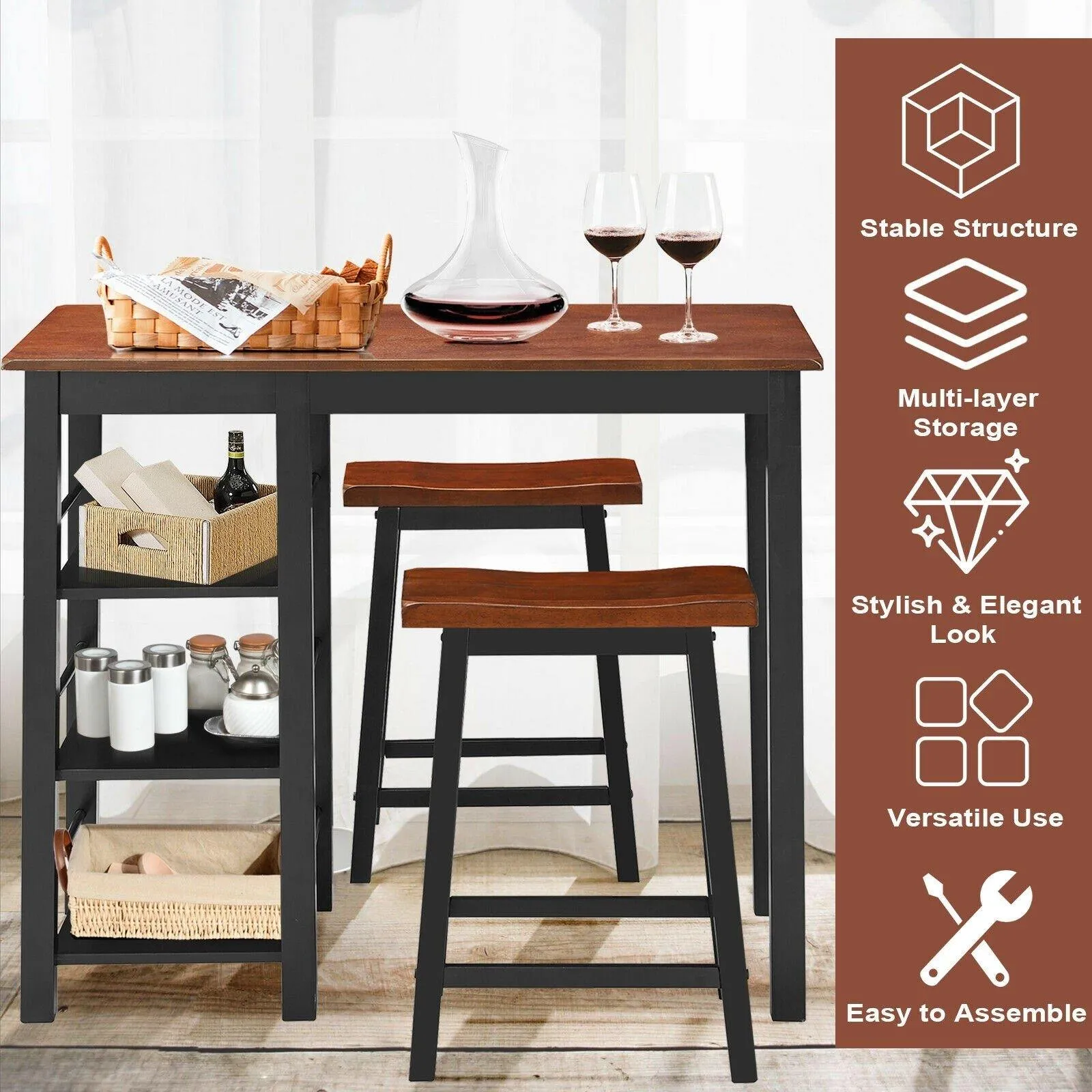 3 Piece Dining Set, Entirely Wood Counter Height Table Set with 2 Chair and 3-Tier Storage Shelves