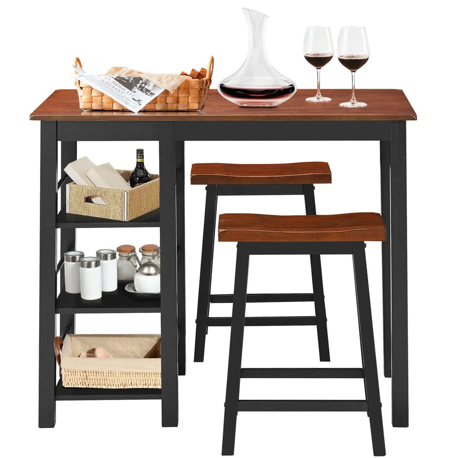 3 Piece Dining Set, Entirely Wood Counter Height Table Set with 2 Chair and 3-Tier Storage Shelves