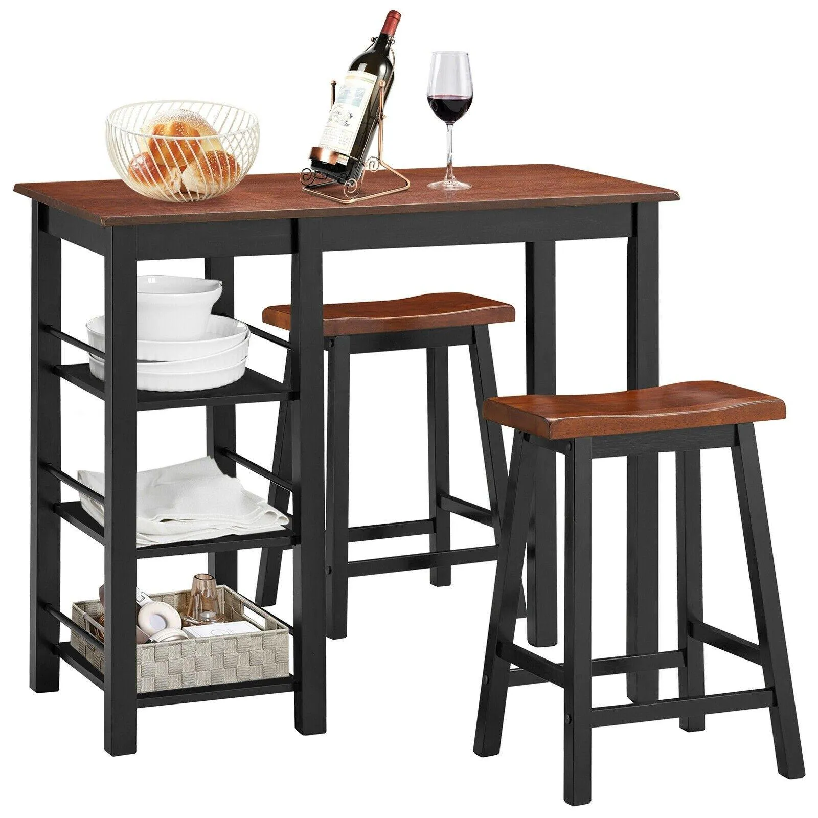 3 Piece Dining Set, Entirely Wood Counter Height Table Set with 2 Chair and 3-Tier Storage Shelves