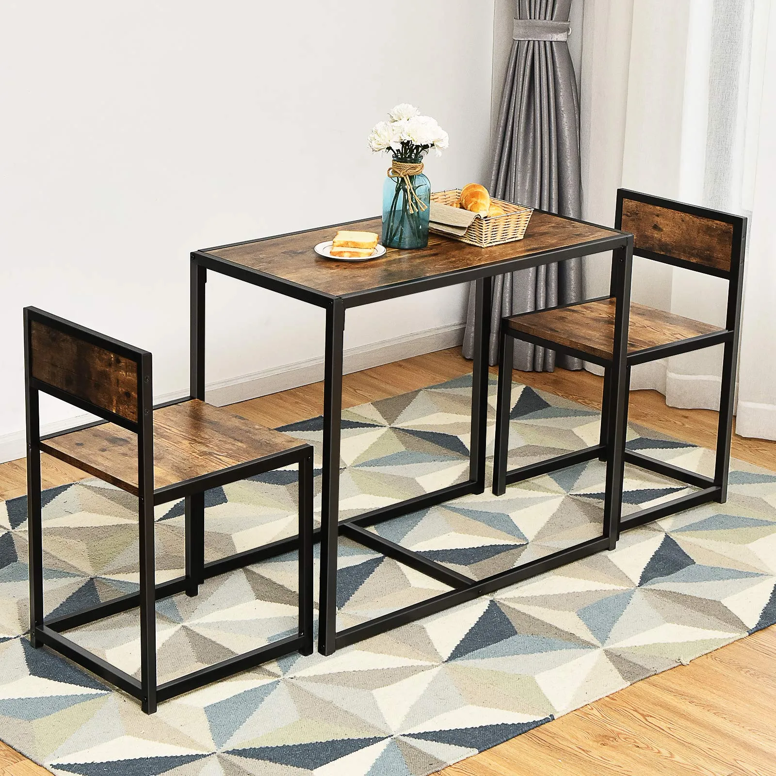 3 Piece Dining Set, Industrial Dining Table with 2 Chairs