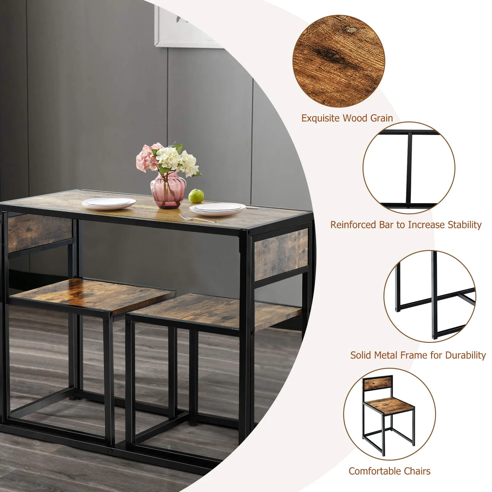 3 Piece Dining Set, Industrial Dining Table with 2 Chairs