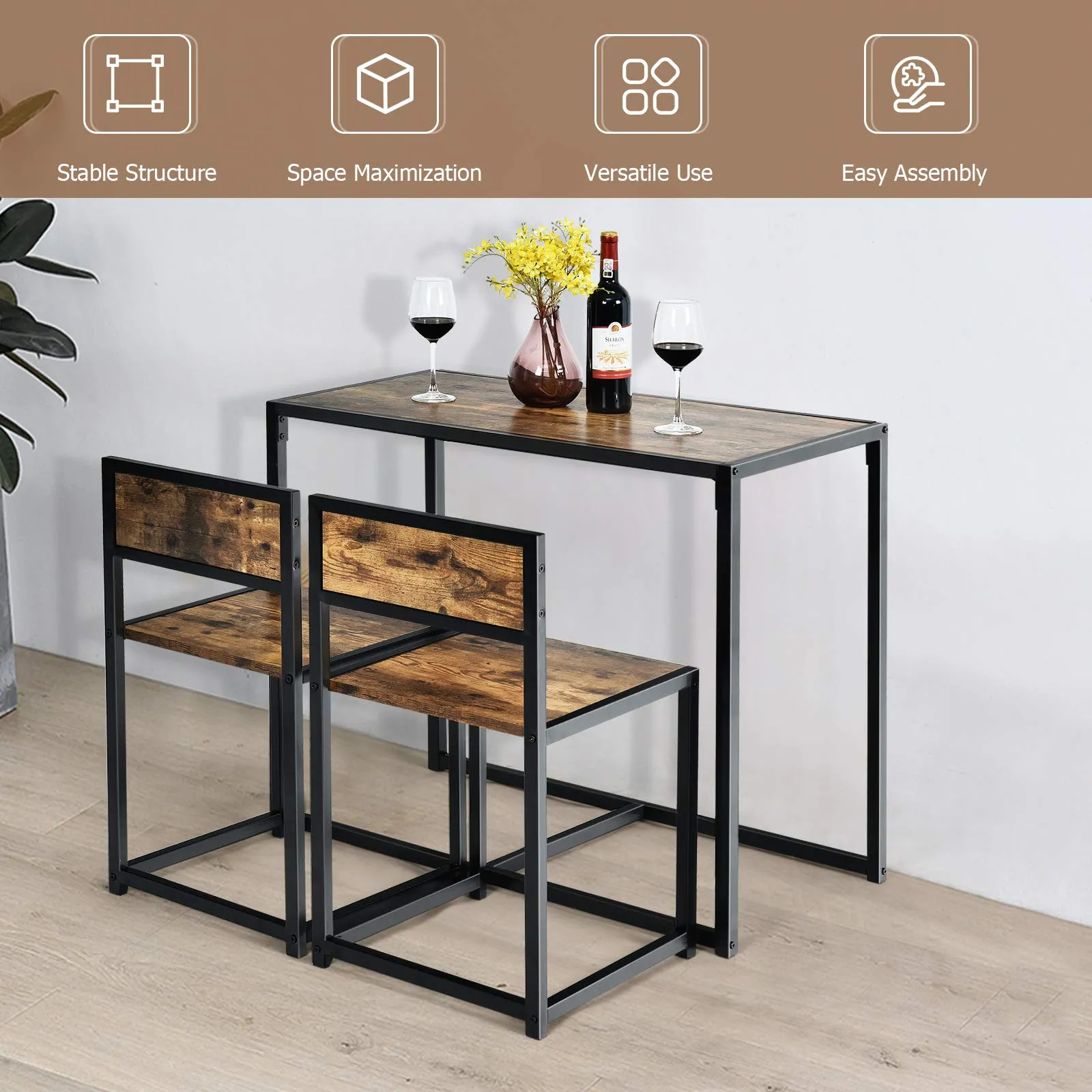 3 Piece Dining Set, Industrial Dining Table with 2 Chairs