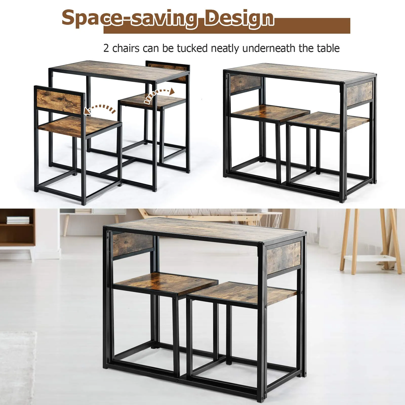 3 Piece Dining Set, Industrial Dining Table with 2 Chairs