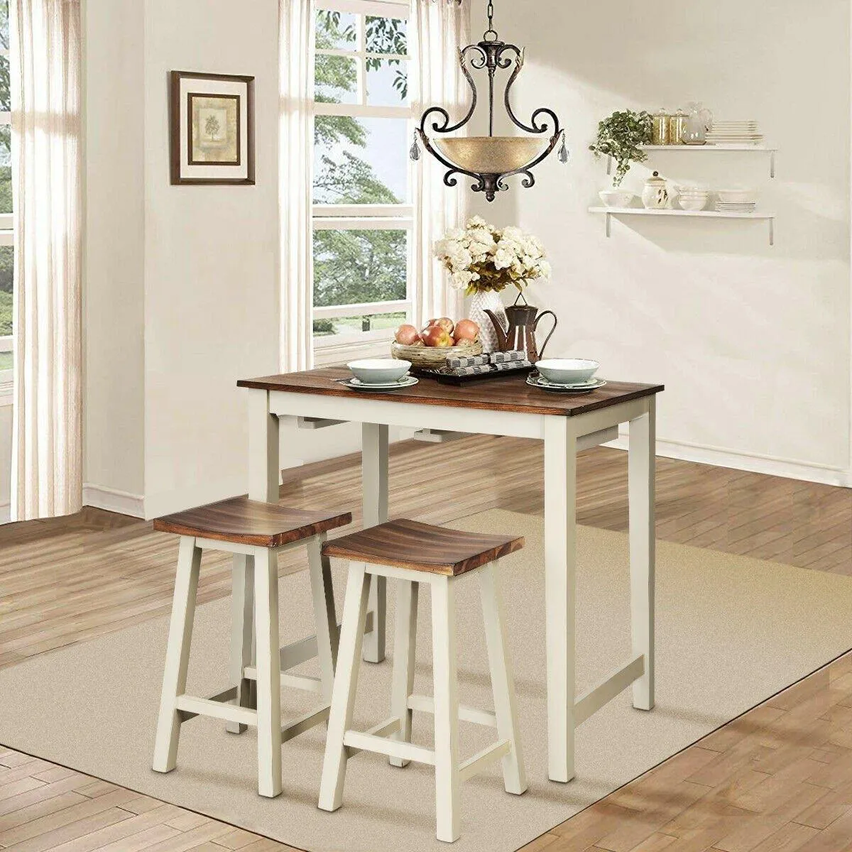 3 Piece Pub Dining Set, Counter Height Pub Table with 2 Saddle Bar Stools, Tavern Collection Table (Brown & Milky White)