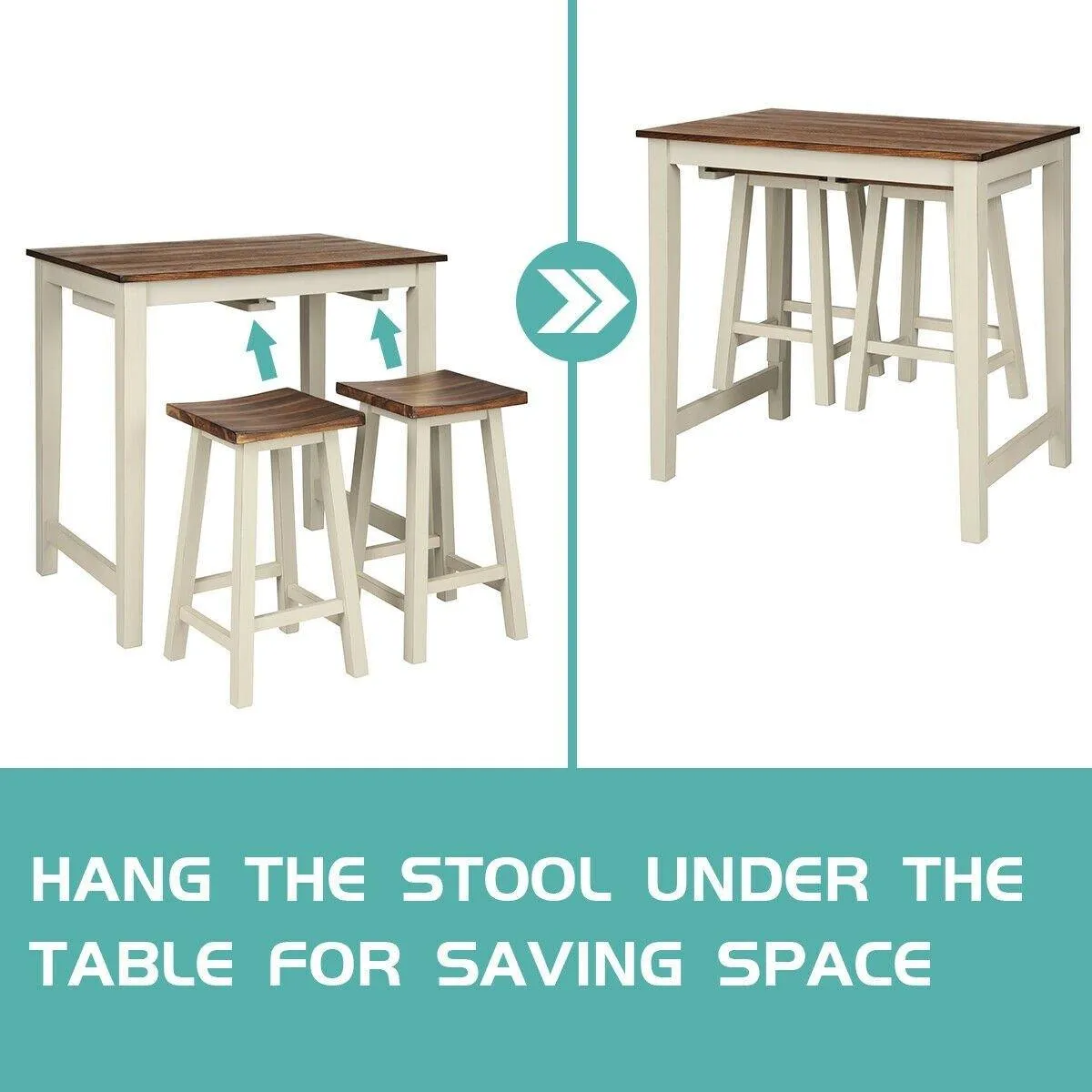 3 Piece Pub Dining Set, Counter Height Pub Table with 2 Saddle Bar Stools, Tavern Collection Table (Brown & Milky White)
