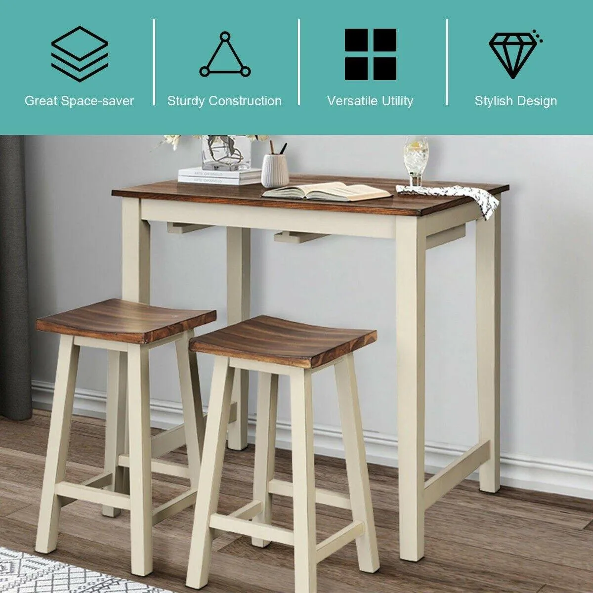 3 Piece Pub Dining Set, Counter Height Pub Table with 2 Saddle Bar Stools, Tavern Collection Table (Brown & Milky White)