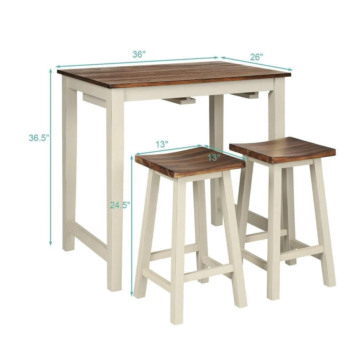 3 Piece Pub Dining Set, Counter Height Pub Table with 2 Saddle Bar Stools, Tavern Collection Table (Brown & Milky White)