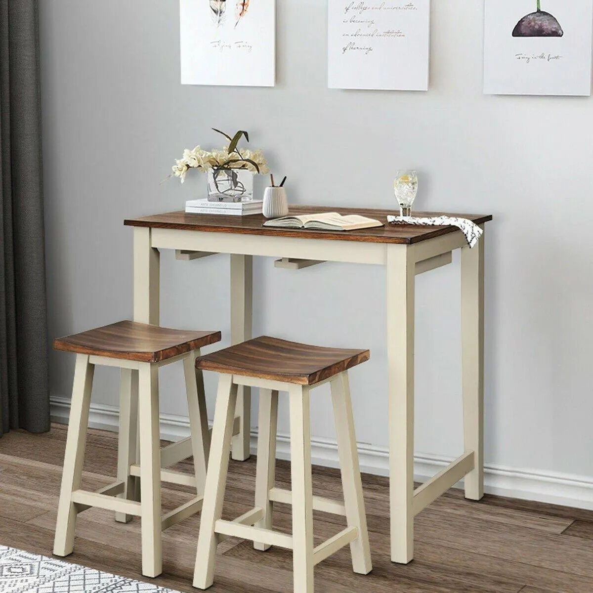 3 Piece Pub Dining Set, Counter Height Pub Table with 2 Saddle Bar Stools, Tavern Collection Table (Brown & Milky White)