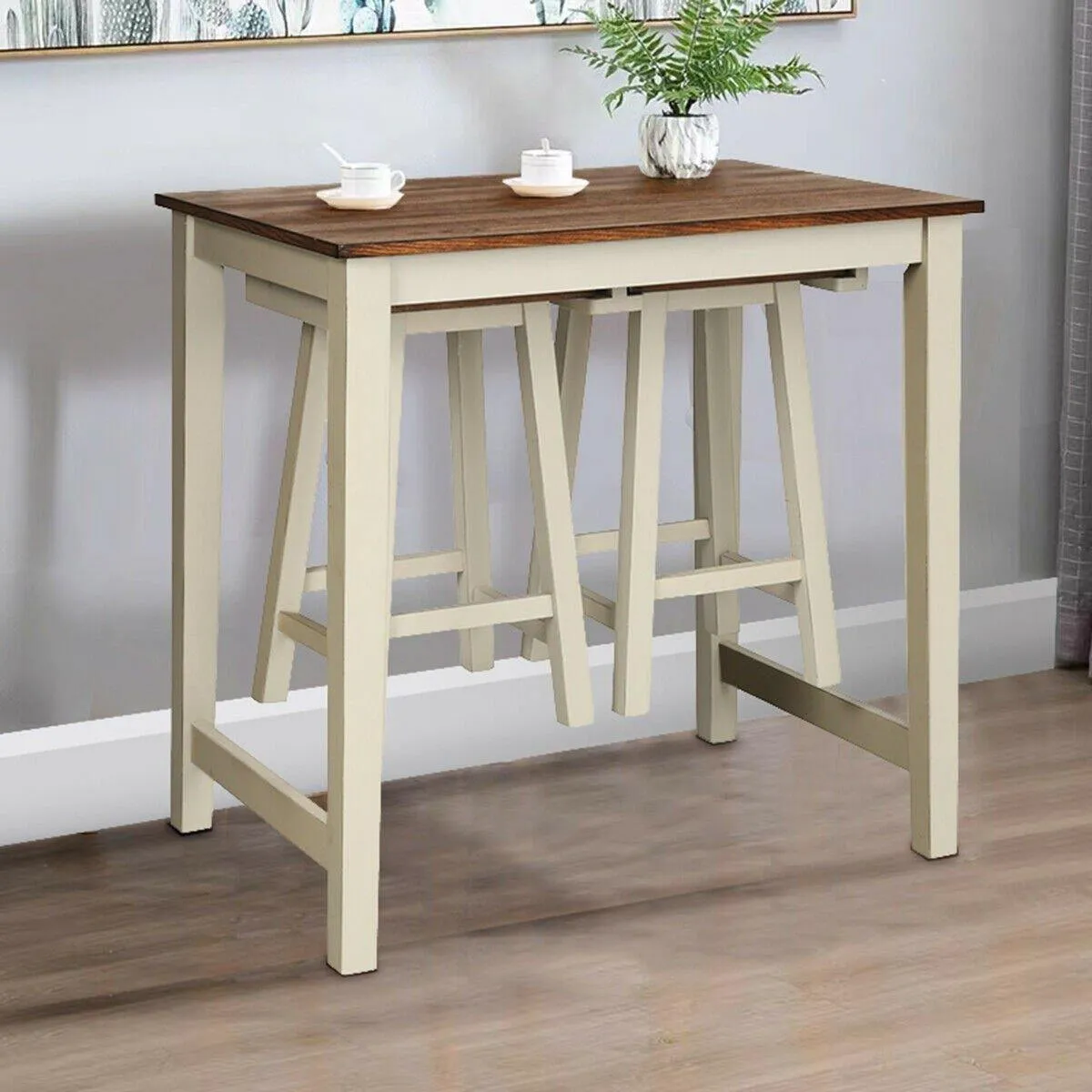 3 Piece Pub Dining Set, Counter Height Pub Table with 2 Saddle Bar Stools, Tavern Collection Table (Brown & Milky White)