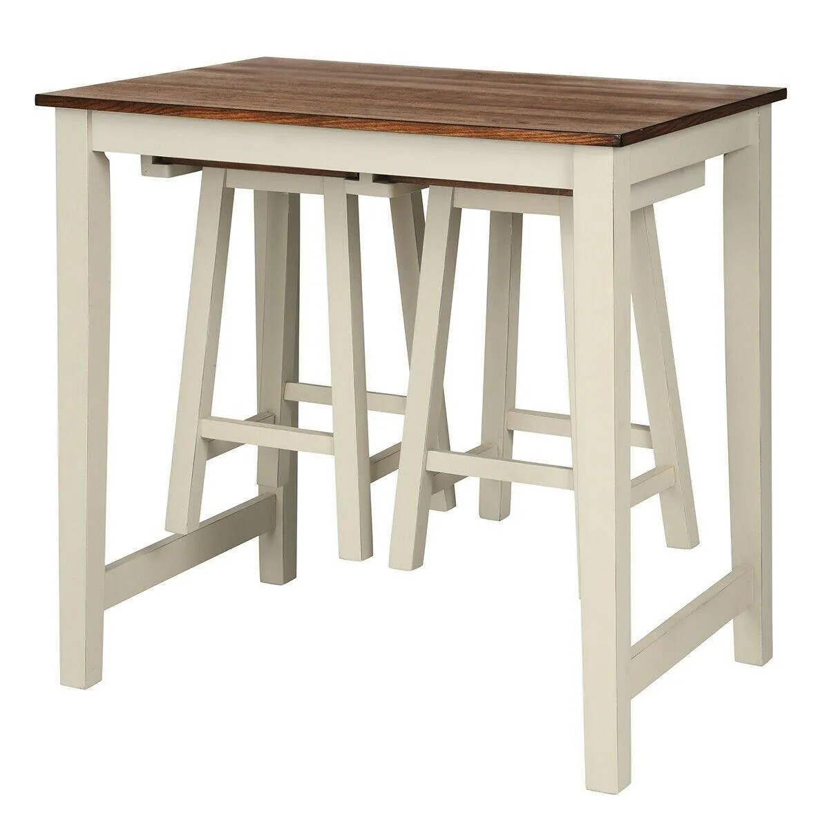3 Piece Pub Dining Set, Counter Height Pub Table with 2 Saddle Bar Stools, Tavern Collection Table (Brown & Milky White) tablecloth, dining table