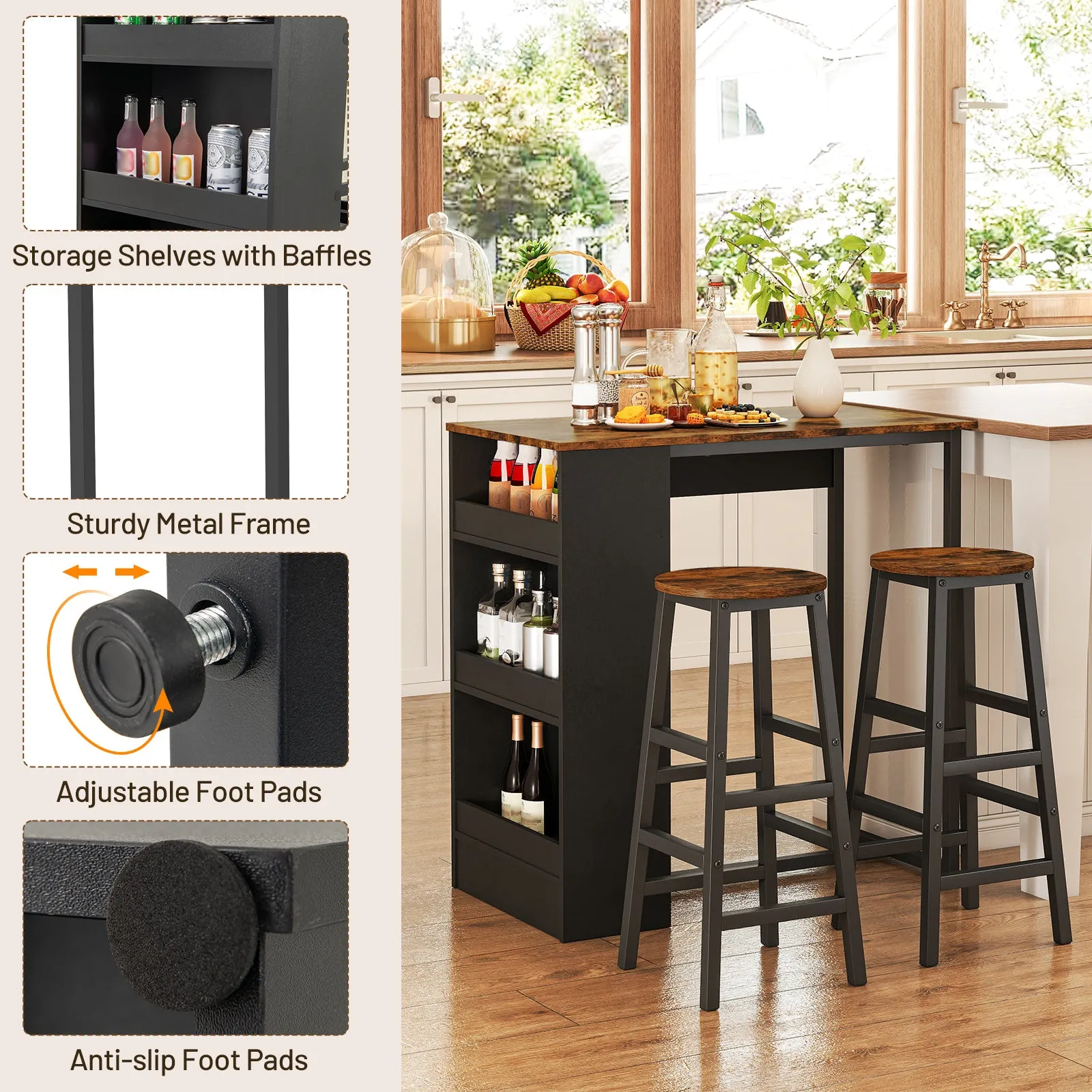 3 Piece Pub Dining Set, Wooden Counter Height Table Set with 2 Bar Stools (Brown)