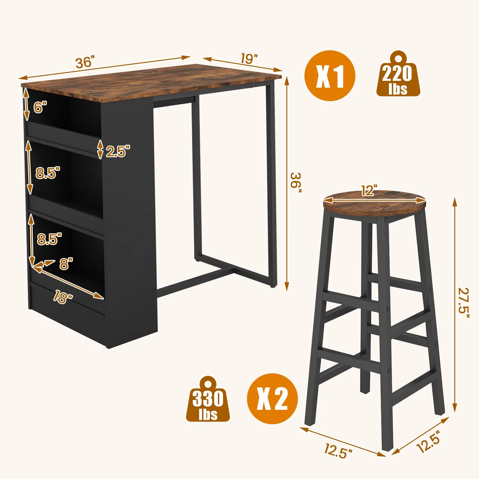 3 Piece Pub Dining Set, Wooden Counter Height Table Set with 2 Bar Stools (Brown)