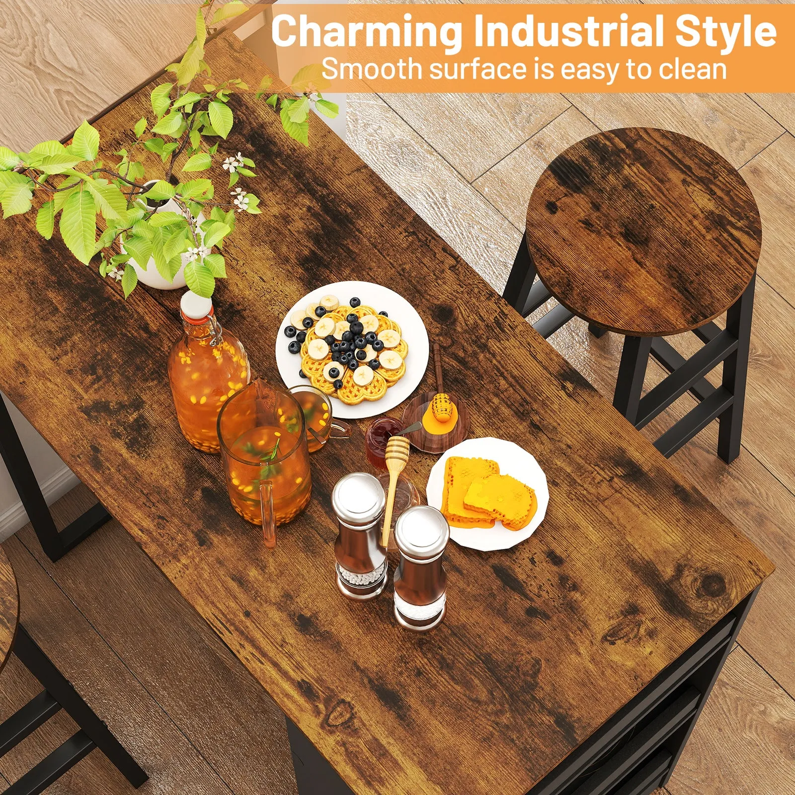 3 Piece Pub Dining Set, Wooden Counter Height Table Set with 2 Bar Stools (Brown)