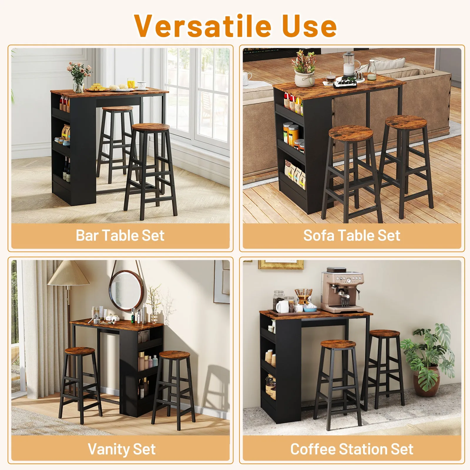 3 Piece Pub Dining Set, Wooden Counter Height Table Set with 2 Bar Stools (Brown)