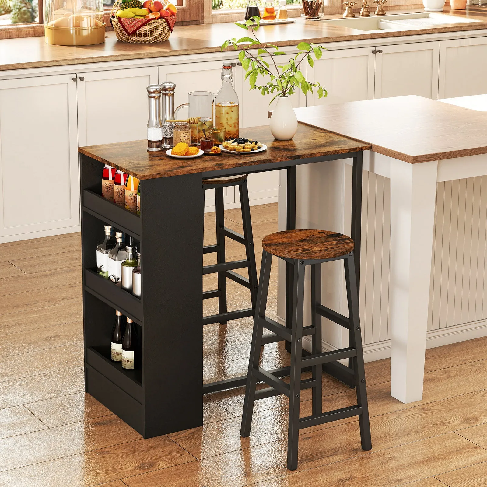 3 Piece Pub Dining Set, Wooden Counter Height Table Set with 2 Bar Stools (Brown)