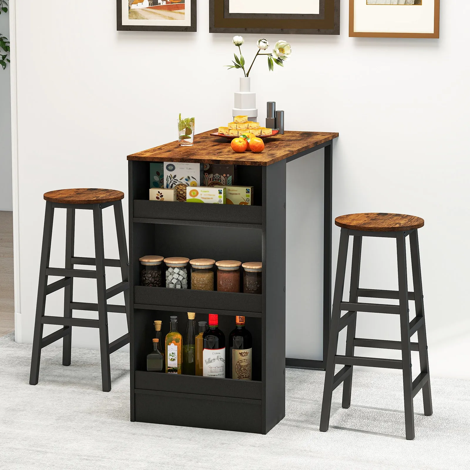 3 Piece Pub Dining Set, Wooden Counter Height Table Set with 2 Bar Stools (Brown)