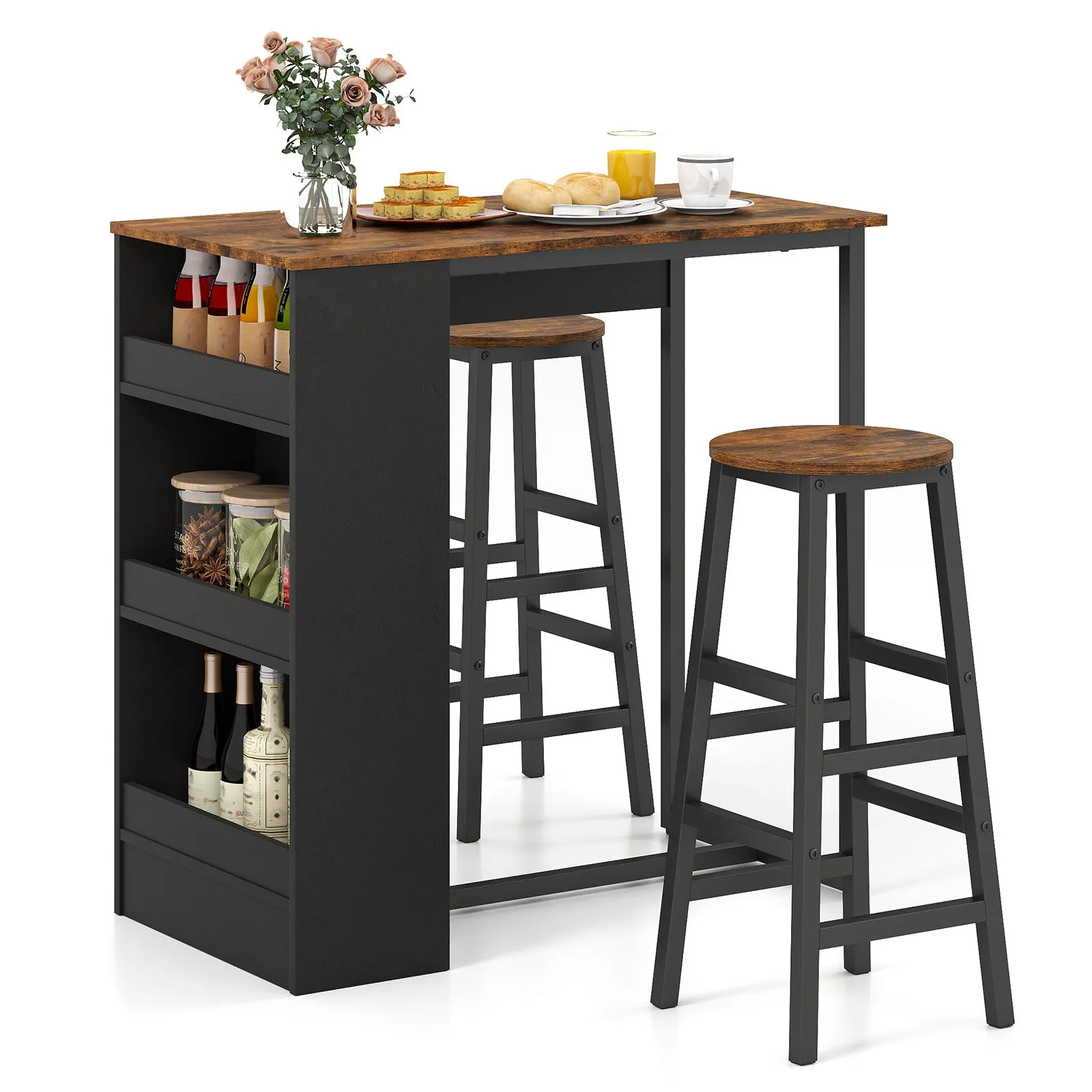 3 Piece Pub Dining Set, Wooden Counter Height Table Set with 2 Bar Stools (Brown) tablecloth, dining table