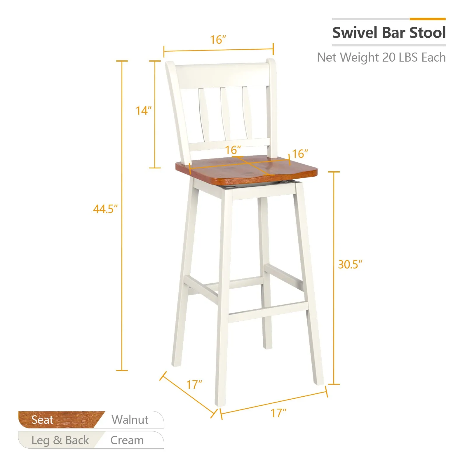 30.5 Inch Rubber Wood Bar Chairs with 360Swiveling, Footrest, Swivel Pub Height Barstools Ideal for Kitchen Island