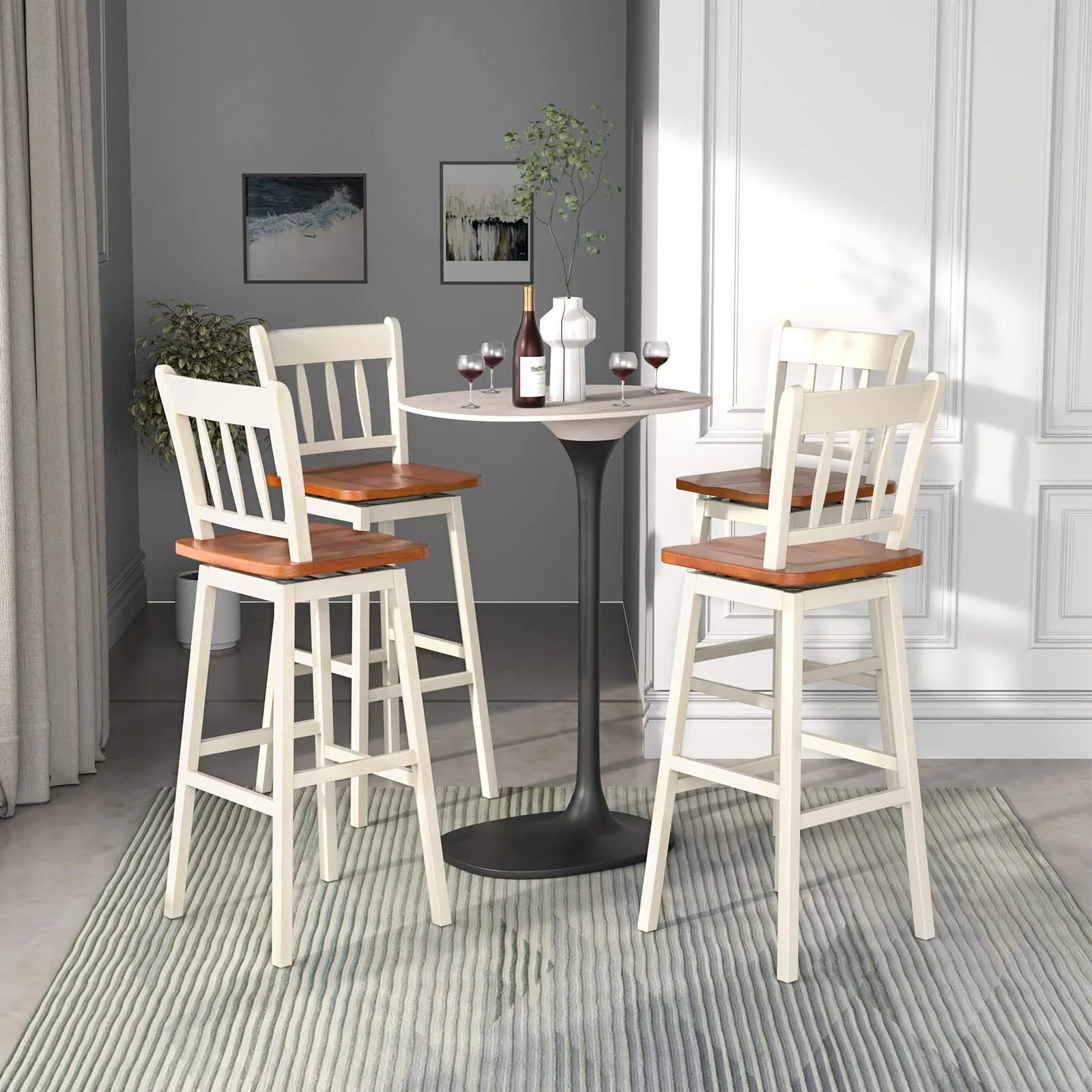 30.5 Inch Rubber Wood Bar Chairs with 360Swiveling, Footrest, Swivel Pub Height Barstools Ideal for Kitchen Island
