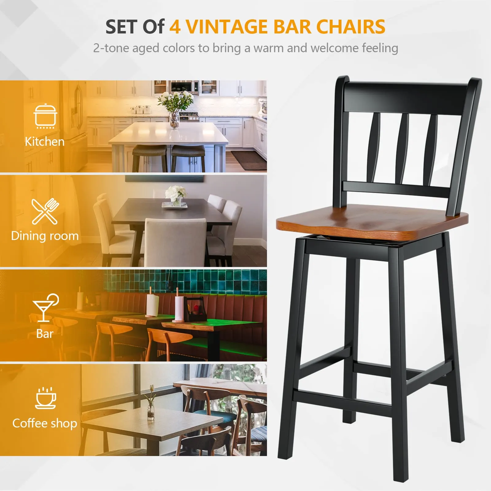30.5 Inch Rubber Wood Bar Chairs with 360Swiveling, Footrest, Swivel Pub Height Barstools Ideal for Kitchen Island