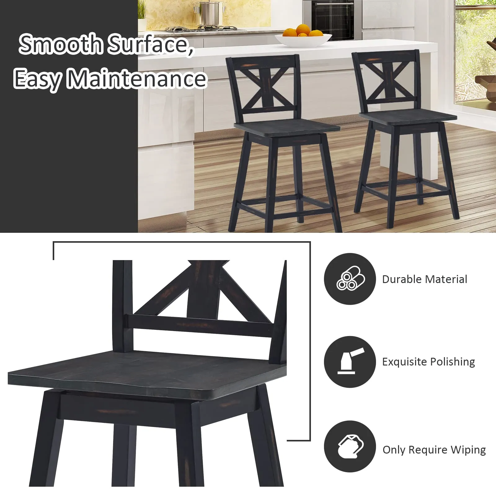 360 Degree Rubber Wood Bar Chairs, Vintage Bar Stools for Home, Restaurant & Pub