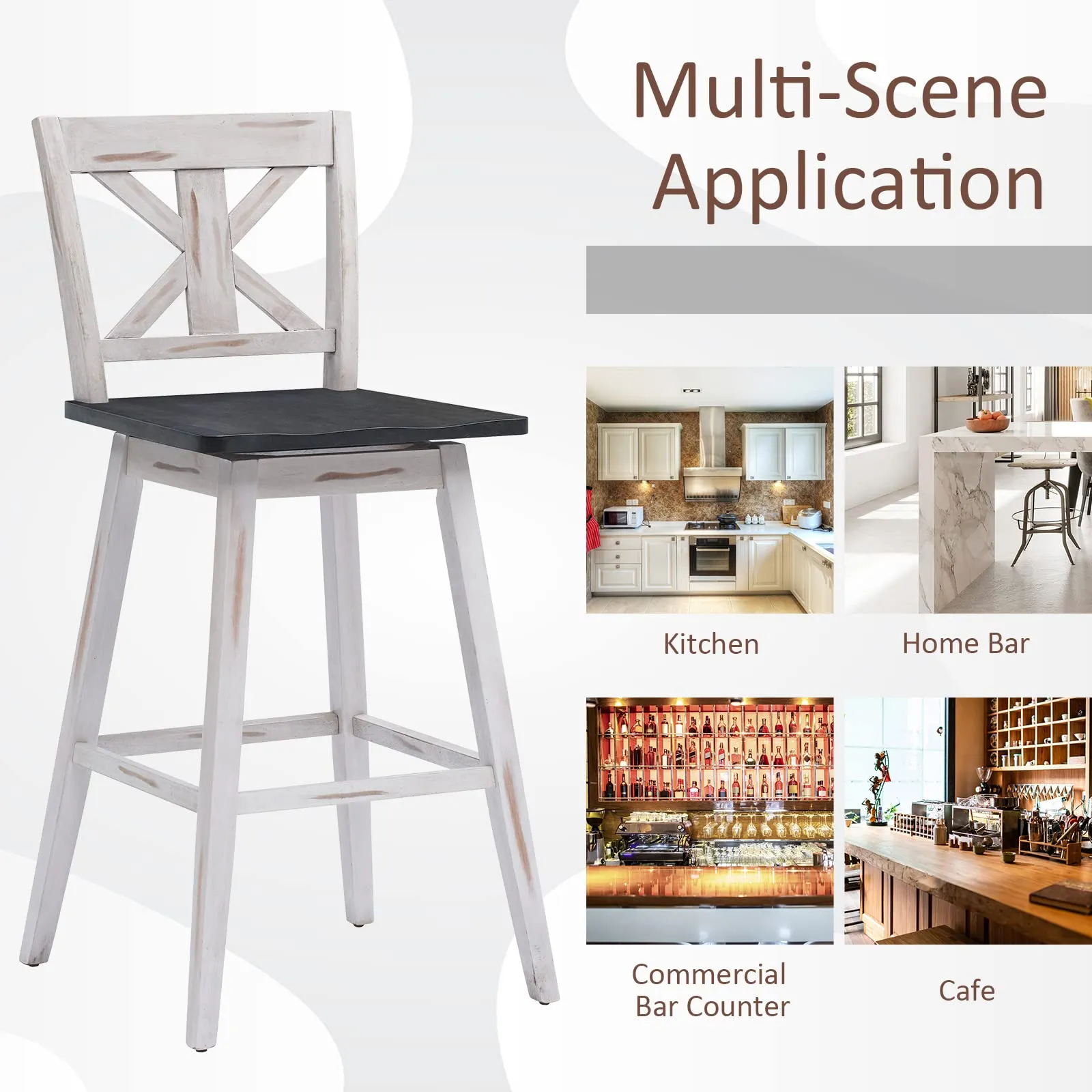 360 Degree Rubber Wood Bar Chairs, Vintage Bar Stools for Home, Restaurant & Pub