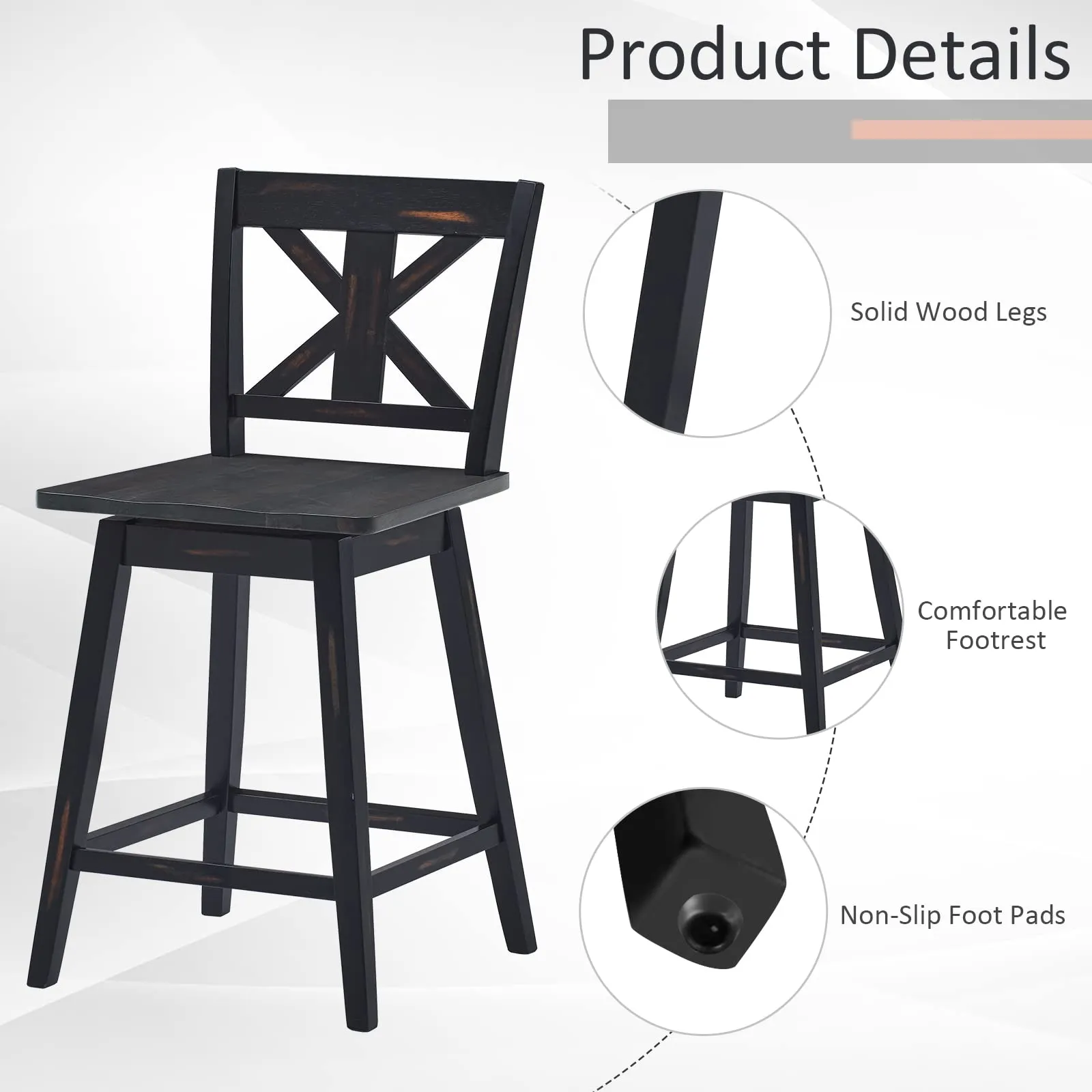 360 Degree Rubber Wood Bar Chairs, Vintage Bar Stools for Home, Restaurant & Pub