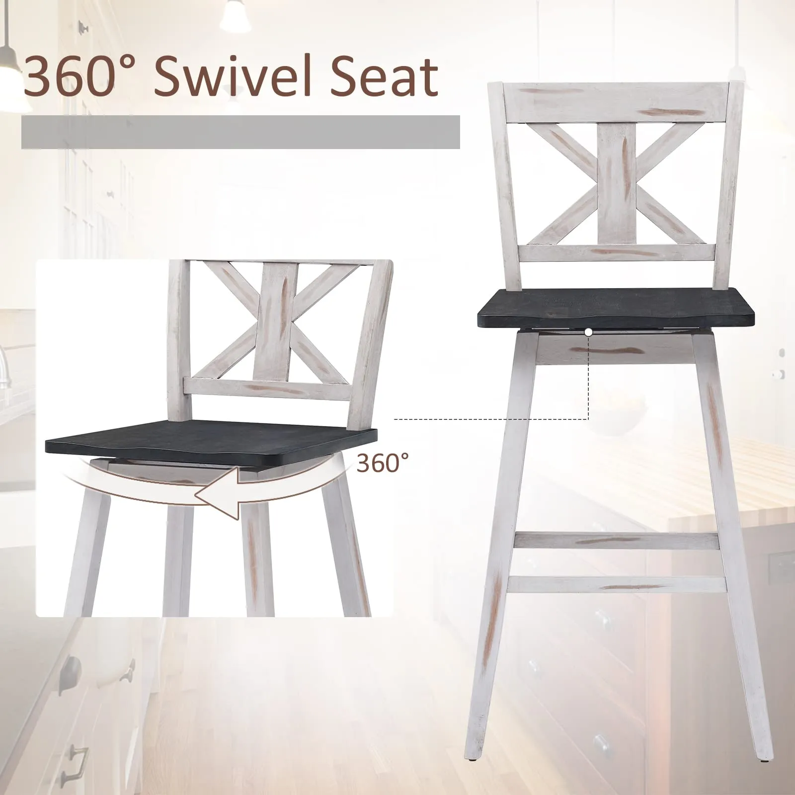 360 Degree Rubber Wood Bar Chairs, Vintage Bar Stools for Home, Restaurant & Pub