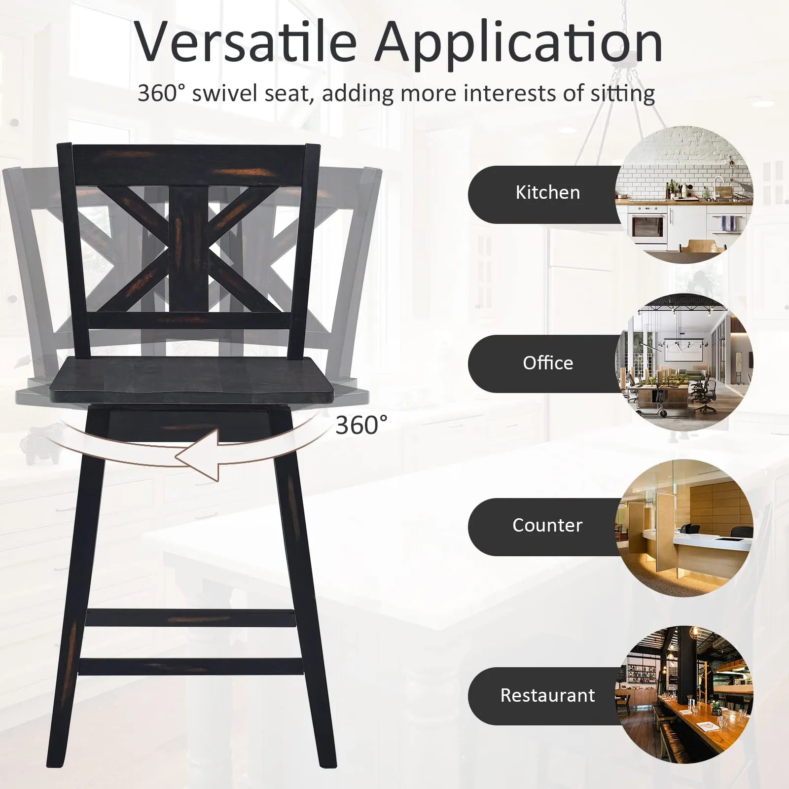 360 Degree Rubber Wood Bar Chairs, Vintage Bar Stools for Home, Restaurant & Pub