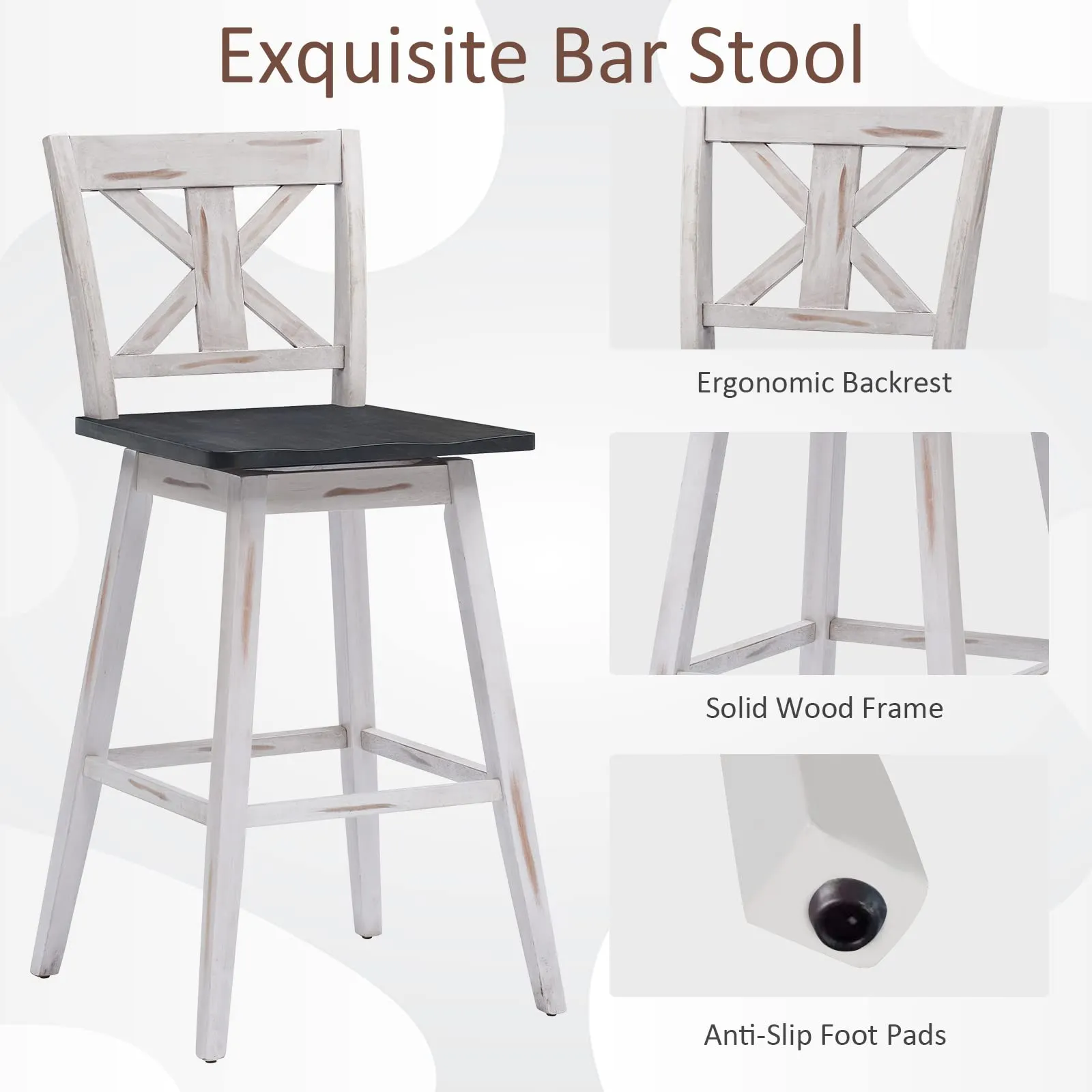 360 Degree Rubber Wood Bar Chairs, Vintage Bar Stools for Home, Restaurant & Pub