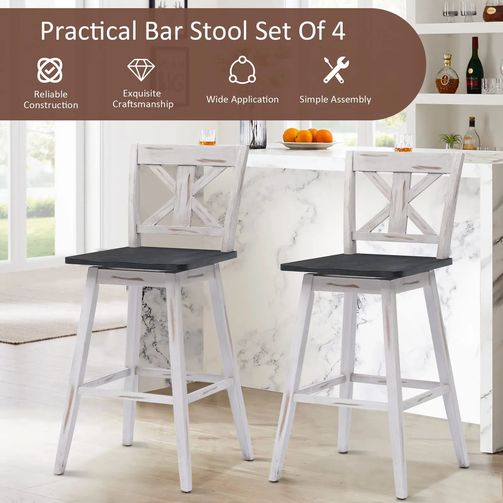 360 Degree Rubber Wood Bar Chairs, Vintage Bar Stools for Home, Restaurant & Pub