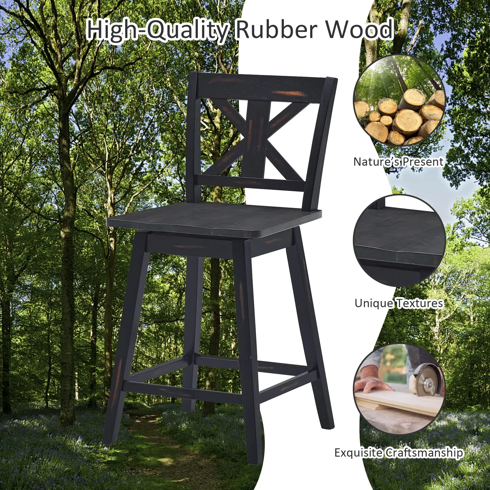 360 Degree Rubber Wood Bar Chairs, Vintage Bar Stools for Home, Restaurant & Pub