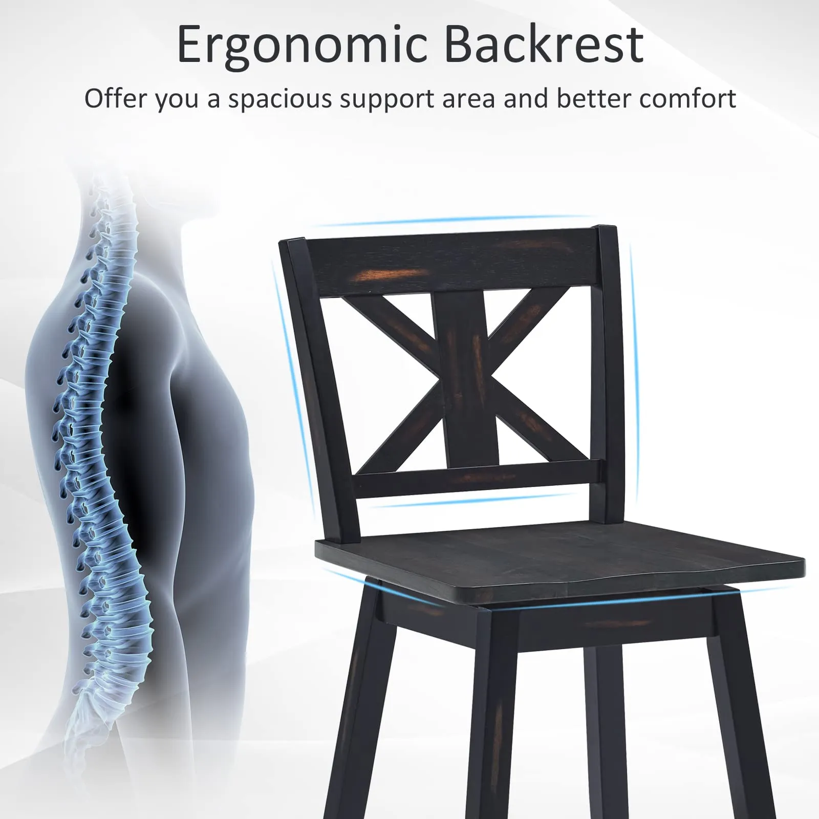 360 Degree Rubber Wood Bar Chairs, Vintage Bar Stools for Home, Restaurant & Pub
