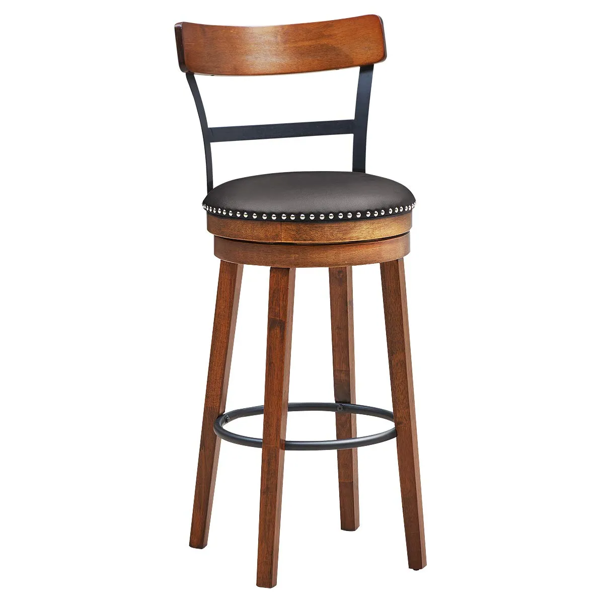 360-Degree Swivel Stools with Leather Padded Seat, Single Slat Ladder Back & Solid Rubber Wood Legs kitchen barstool, adjustable bar stool