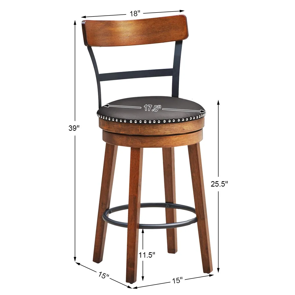 360-Degree Swivel Stools with Leather Padded Seat, Single Slat Ladder Back & Solid Rubber Wood Legs