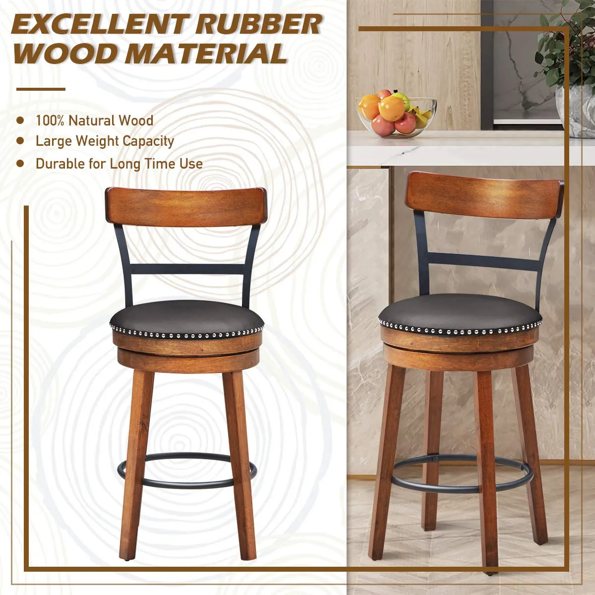 360-Degree Swivel Stools with Leather Padded Seat, Single Slat Ladder Back & Solid Rubber Wood Legs