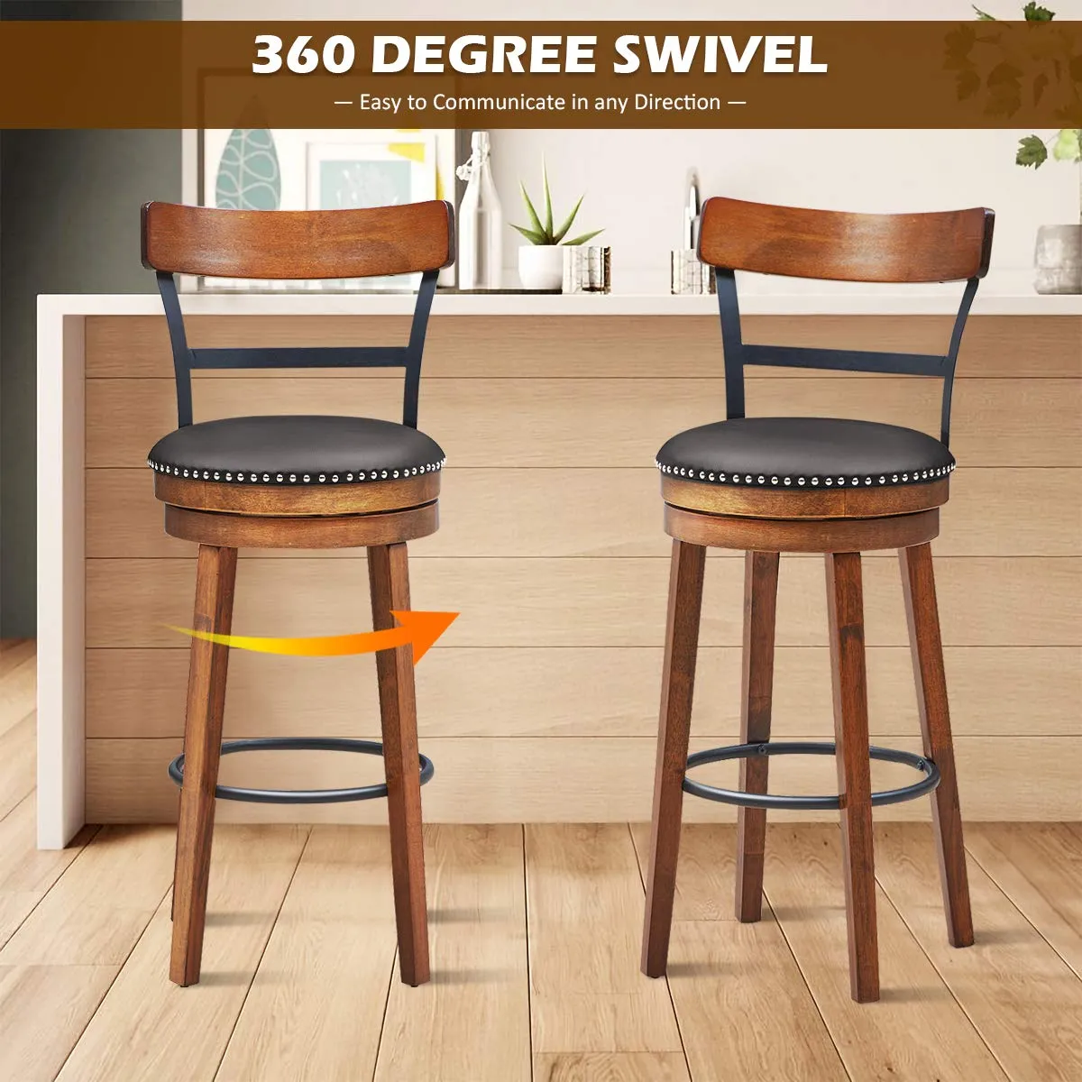 360-Degree Swivel Stools with Leather Padded Seat, Single Slat Ladder Back & Solid Rubber Wood Legs