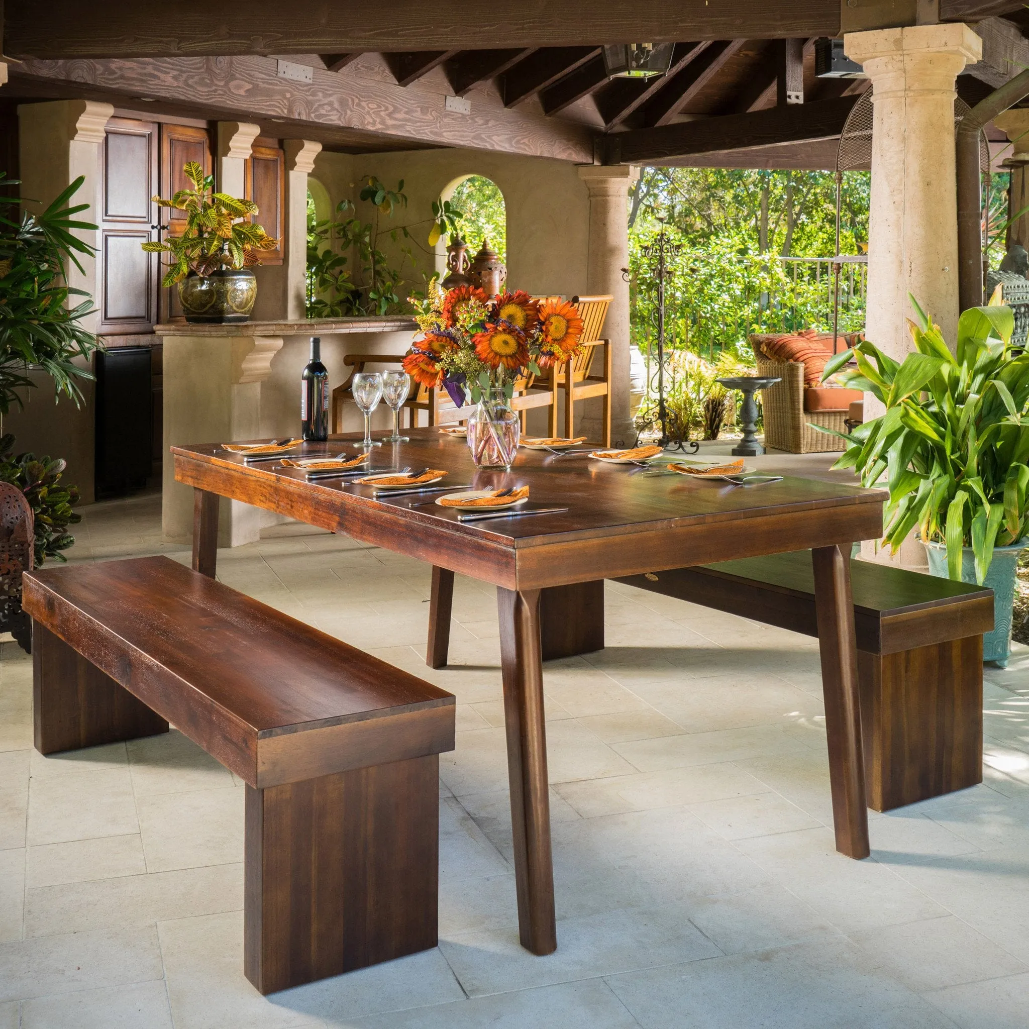 3pc Mahogany Stained Wood Table and Bench Dining Set - NH463592 dining table set, round dining table