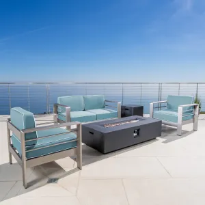 5 Piece Aluminum Chat Set with Water Resistant Cushions and Fire Pit - NH042303 patio chairs, outdoor seating