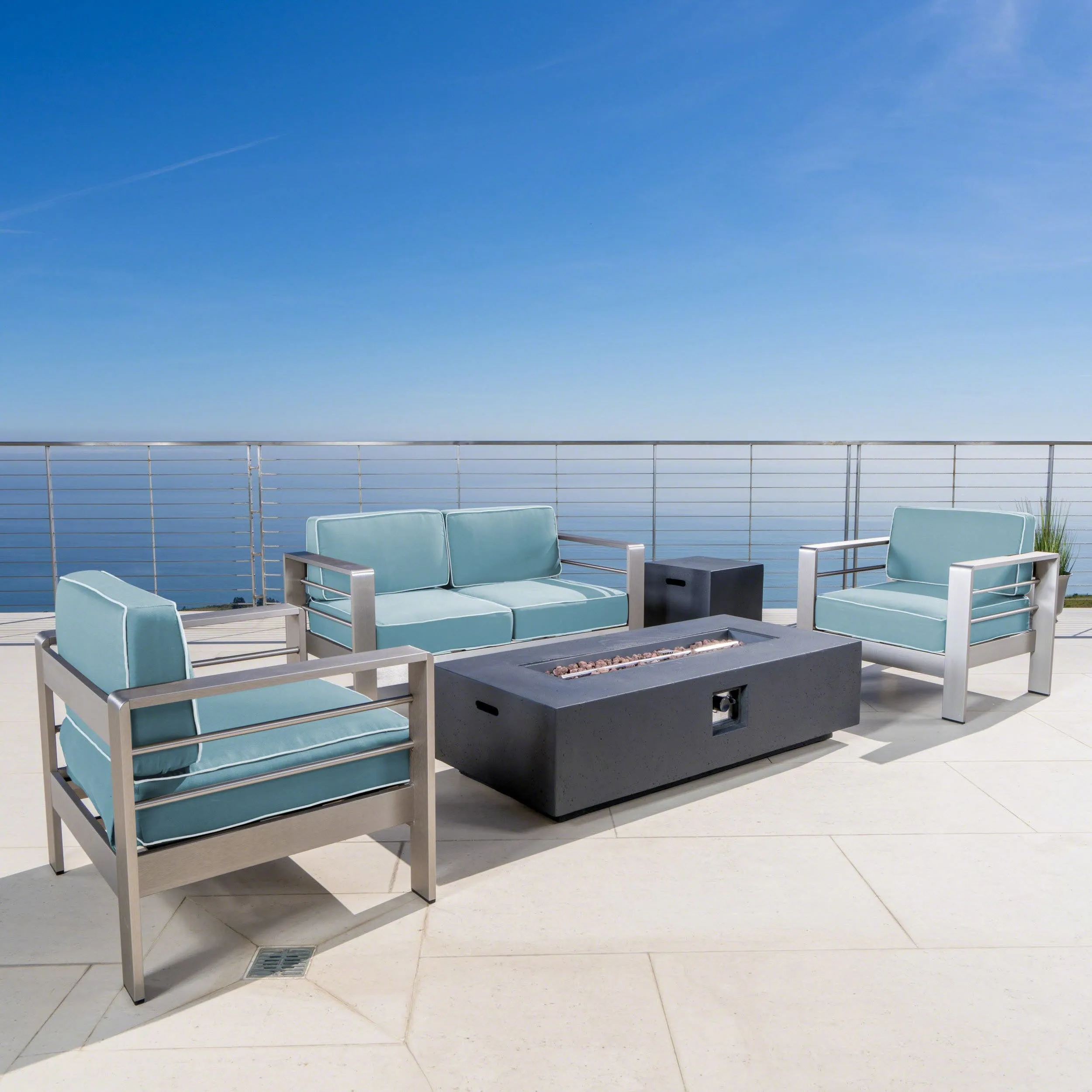 5 Piece Aluminum Chat Set with Water Resistant Cushions and Fire Pit - NH042303 patio chairs, outdoor seating