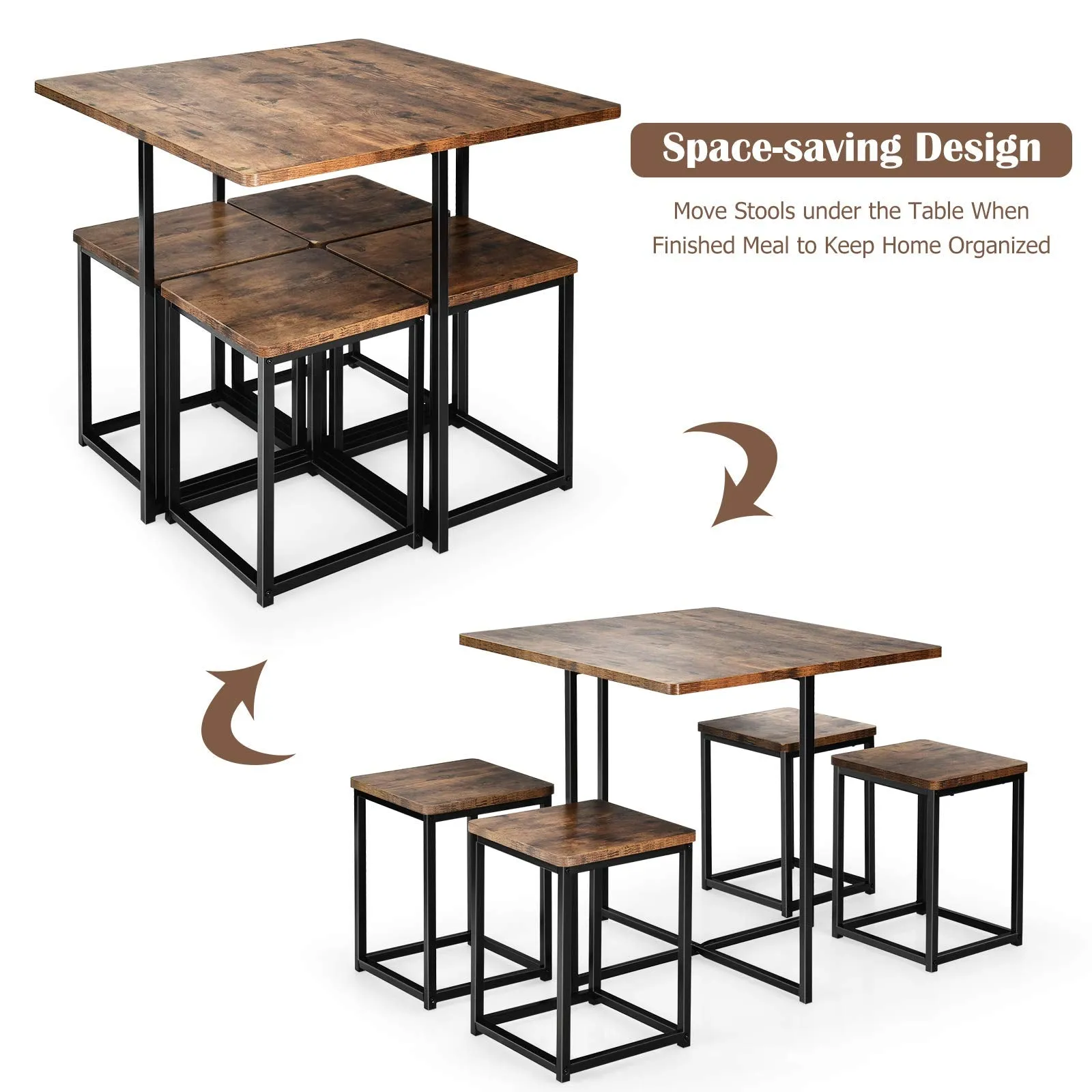 5 Piece Dining Table Set, Dining Set for 4 with Square Stools, Walnut & Black