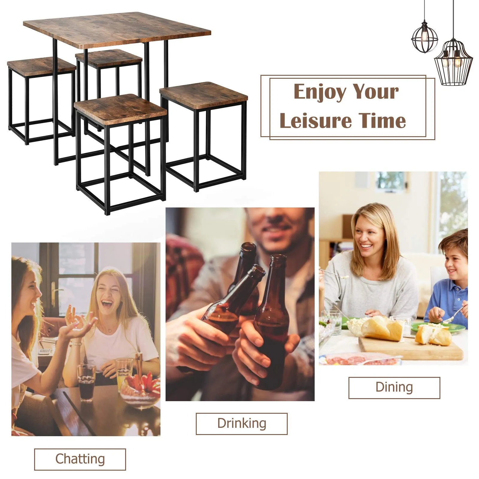 5 Piece Dining Table Set, Dining Set for 4 with Square Stools, Walnut & Black