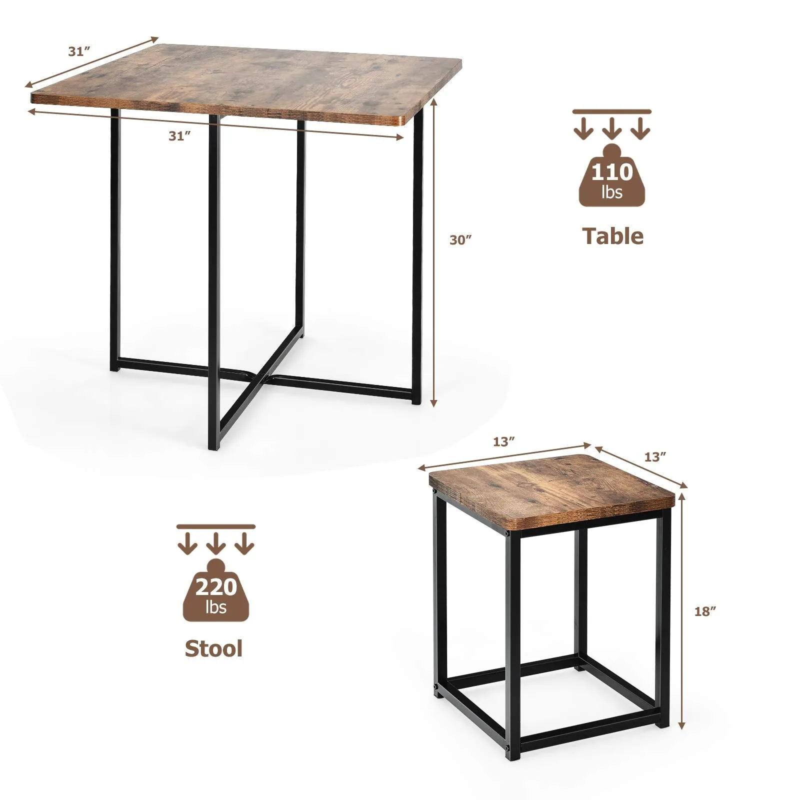 5 Piece Dining Table Set, Dining Set for 4 with Square Stools, Walnut & Black